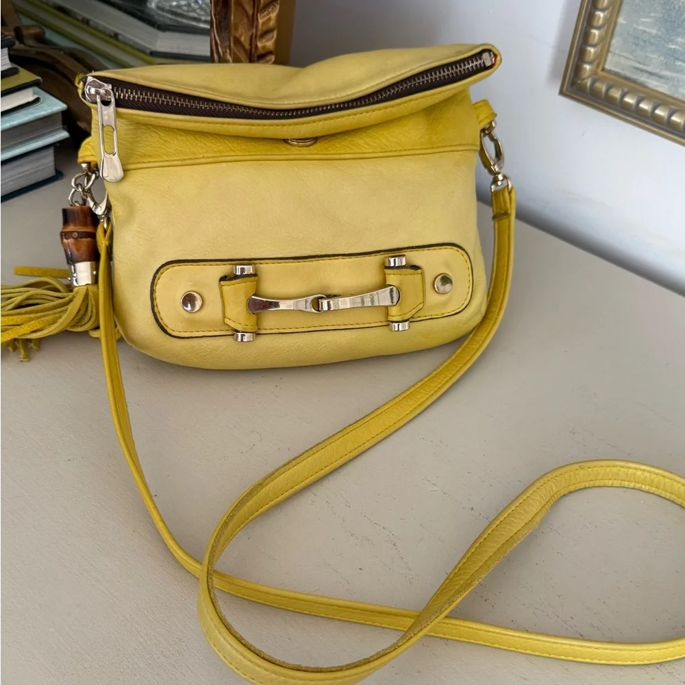 Sunny Yellow Leather Crossbody with Horsebit like and Bamboo Tassel Accent - Picture 2 of 10
